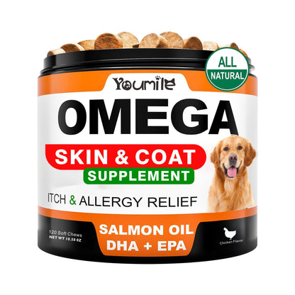Youmile Omega 3 For Dogs - 240Ct  Fish Oil Treats - Allergy & Itch Relief Skin & Coat Supplement - Dry Itchy Skin, Anti Shedding & Hot Spots Treatment - Pet Salmon Oil Chews - Chicken Flavor Dog Vitamin